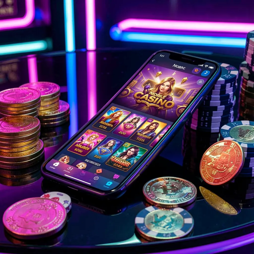 JILIUP mobile casino dashboard on smartphone displaying colorful gaming interface with golden coins and poker chips on glossy table under elegant neon lighting