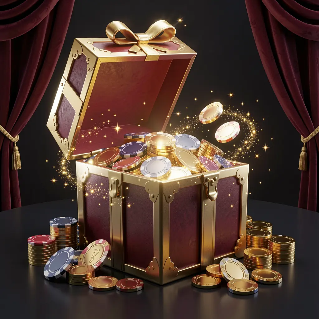 JILIUP no deposit casino bonus concept with a glowing gift box filled with free casino chips and golden coins against a luxury dark background with magical sparkle effects