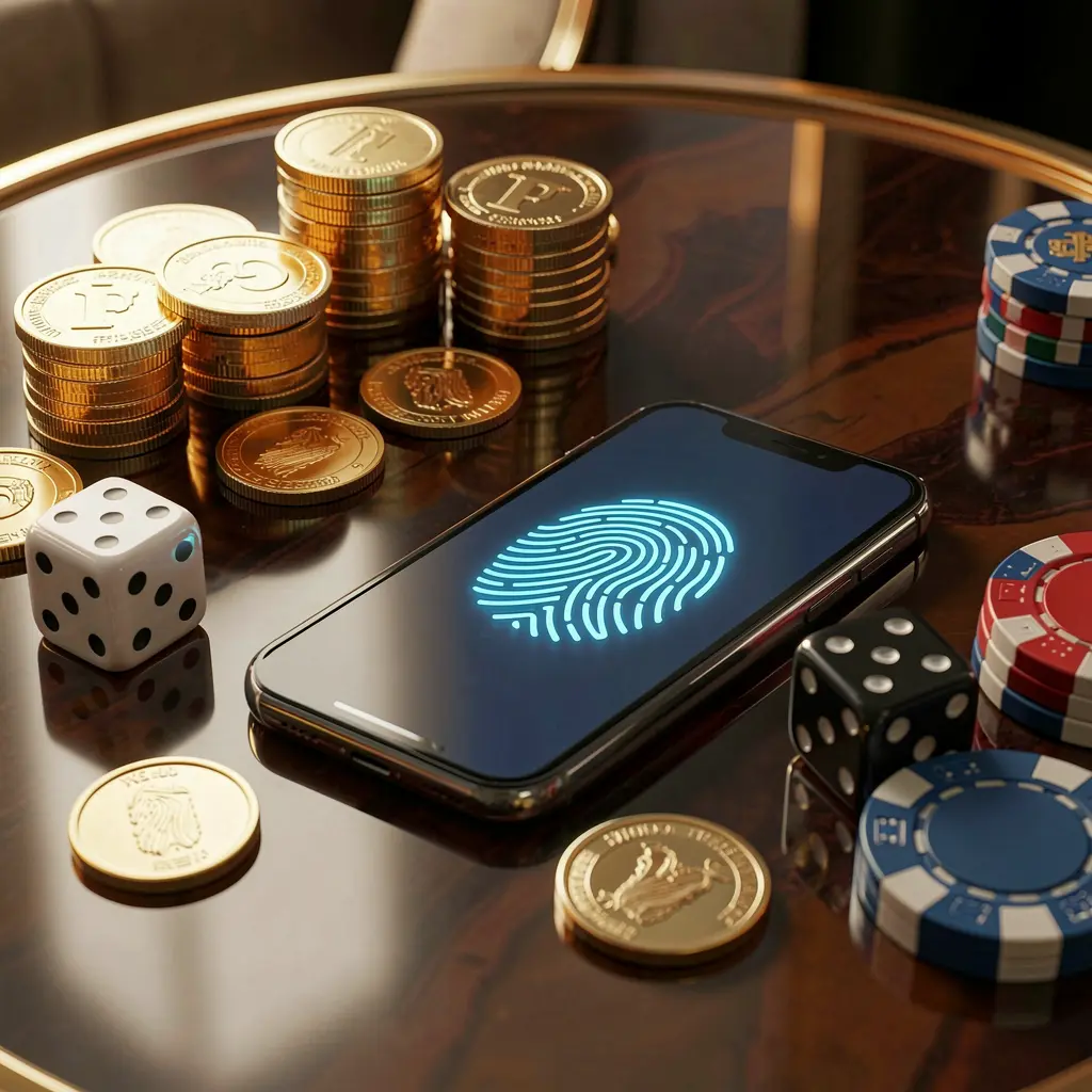 JILIUP online gaming account access scene showing a smartphone with a glowing fingerprint icon surrounded by golden coins, dice, and poker chips on a glossy table under cinematic lighting