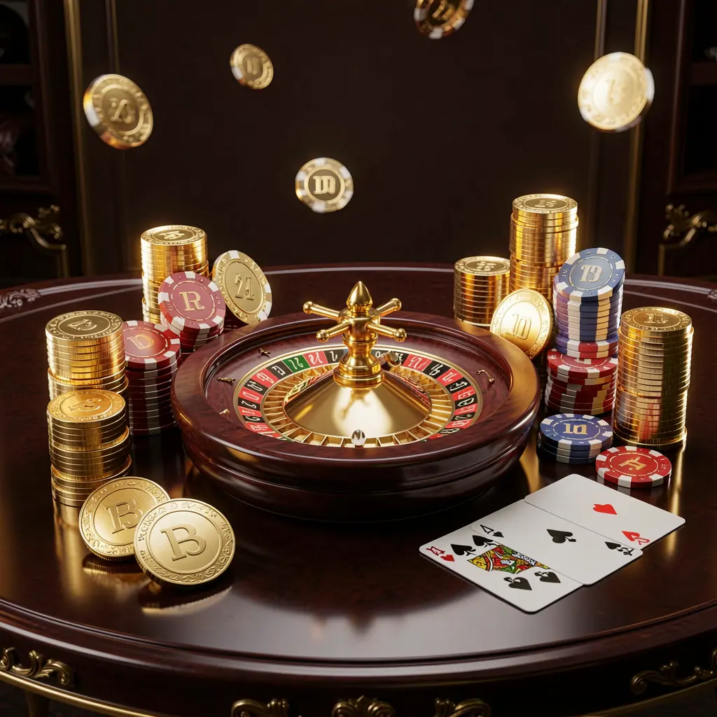 JILIUP premium online casino banner featuring golden coins, glowing chips, a roulette wheel, and playing cards on a glossy table with an elegant dark background in a high detail realistic 3D render